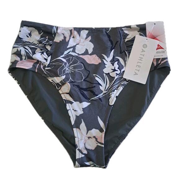 NWT Athleta Aqualuxe Wildflower High Waist Swim Bikini Bottom Sz M Ruched Gray - Picture 1 of 5